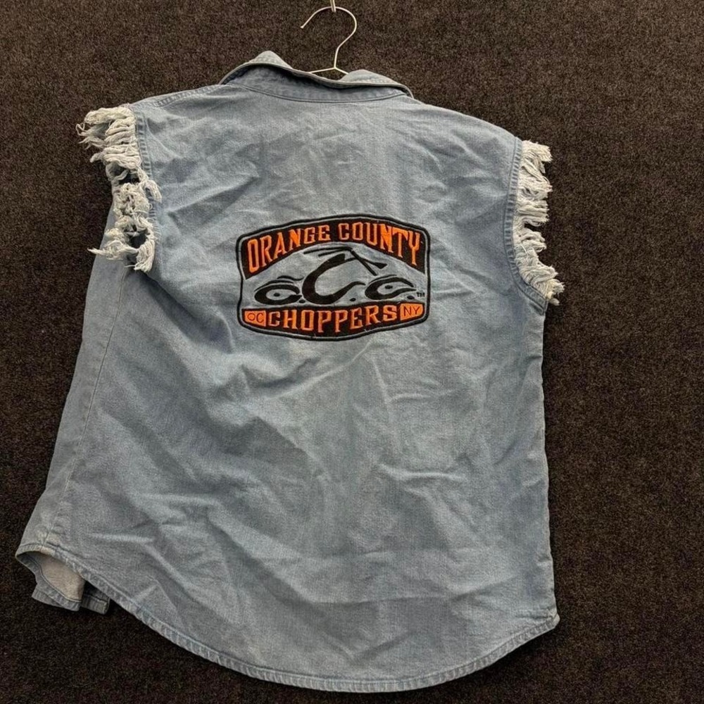 Men's Large Orange County Choppers Denim Sleeveless Shirt Biker Moto Y2K